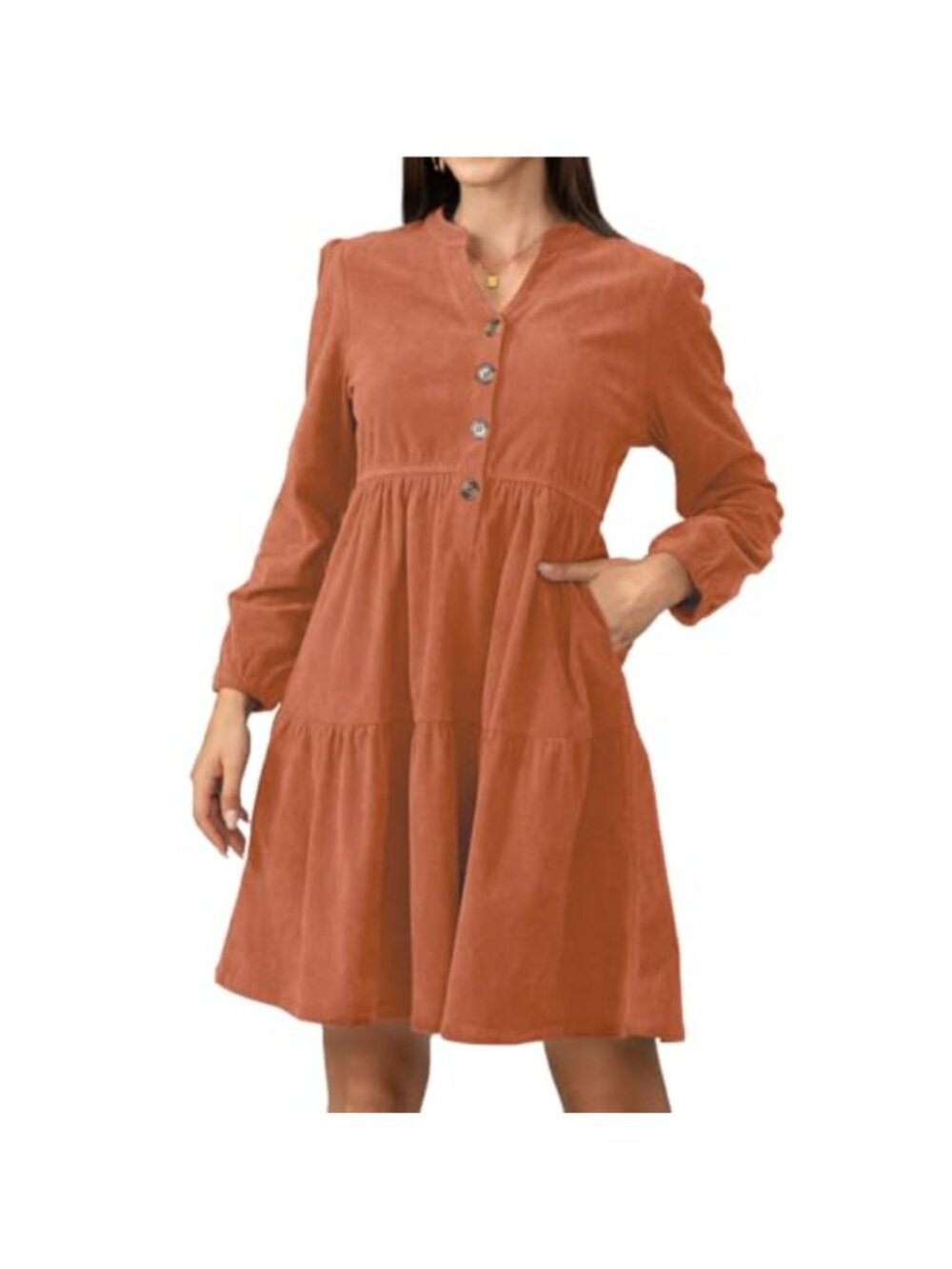 Women's Corduroy Button Down Layered Dress V-Neck Long Sleeve Casual